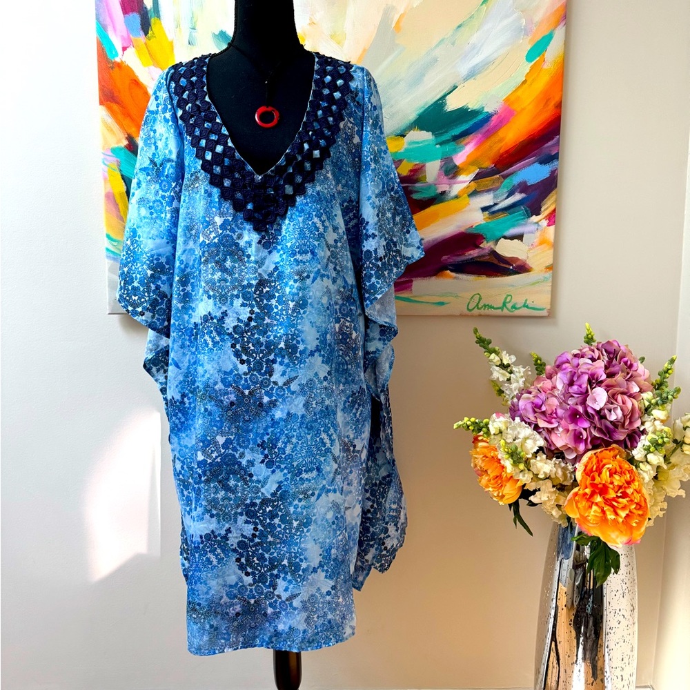COVER UP in blue, white and black. One size fits all.Embroidered at V Neck.